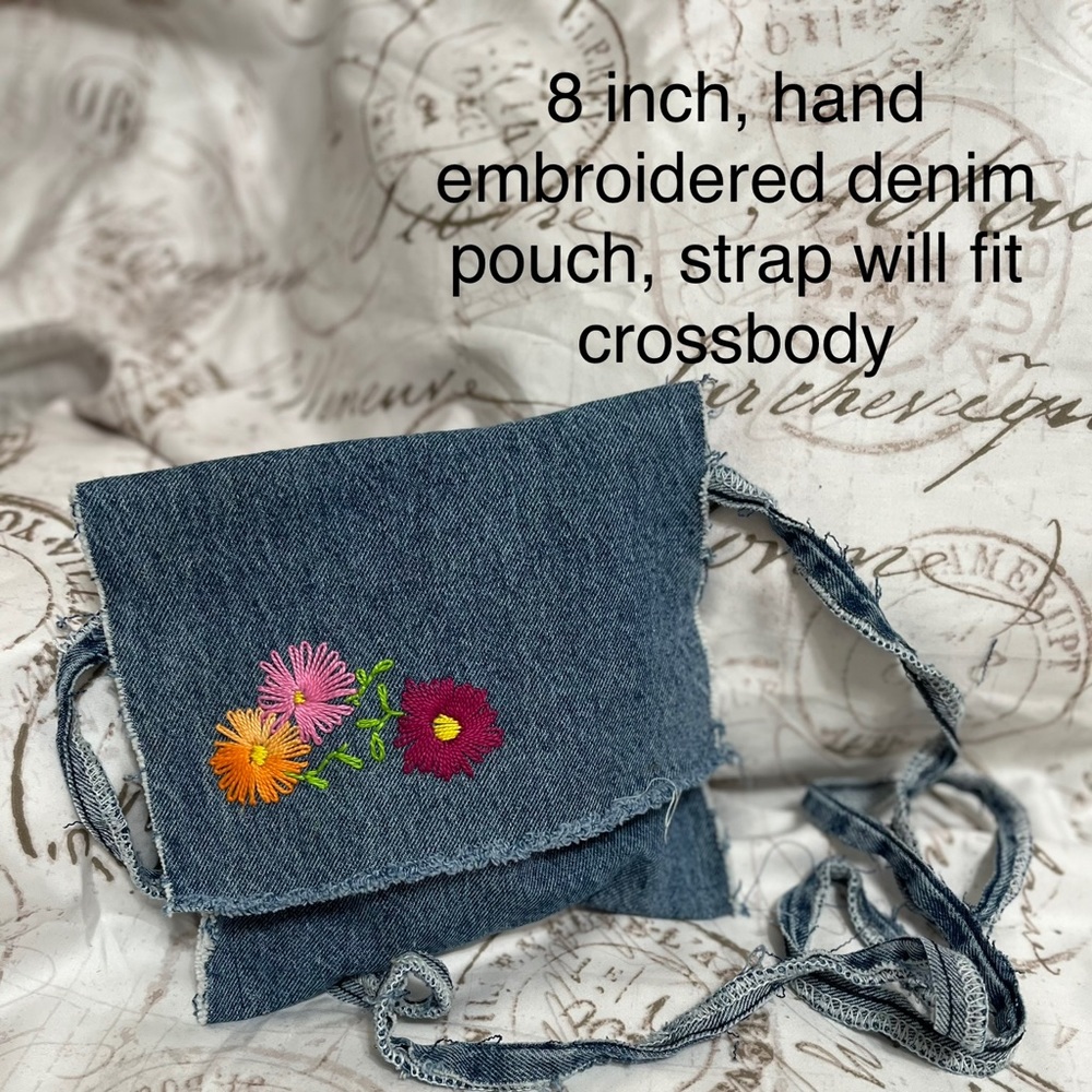 Handcrafted Upcycled Denim Pouch,snap enclosure,embroidered,crossbody, 8in pouch